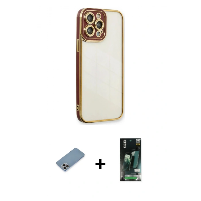 MARSİLYAN™- iPhone 13 Pro Kılıf Çekirdek Klasik Serisi - Şeffaf 360 Full Body Arka Koruyucu + Shine Kamera Lens Koruma Cam - GI