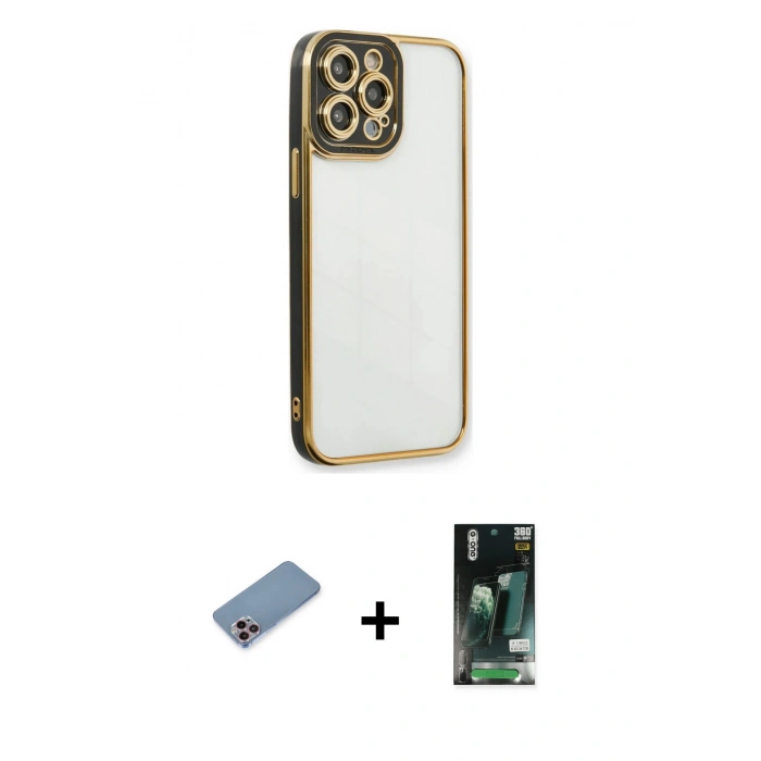 MARSİLYAN™- iPhone 13 Pro Kılıf Çekirdek Klasik Serisi - Şeffaf 360 Full Body Arka Koruyucu + Shine Kamera Lens Koruma Cam - PE