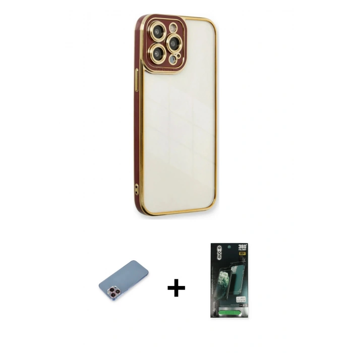 MARSİLYAN™- iPhone 13 Pro Kılıf Çekirdek Klasik Serisi - Şeffaf 360 Full Body Arka Koruyucu + Shine Kamera Lens Koruma Cam - PE