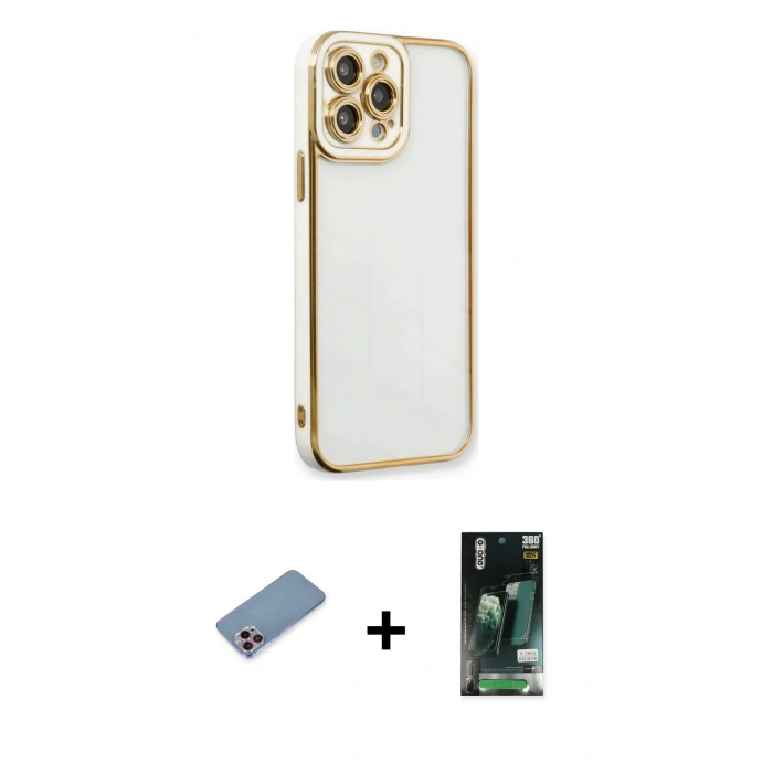 MARSİLYAN™- iPhone 13 Pro Kılıf Çekirdek Klasik Serisi - Şeffaf 360 Full Body Arka Koruyucu + Shine Kamera Lens Koruma Cam - PE