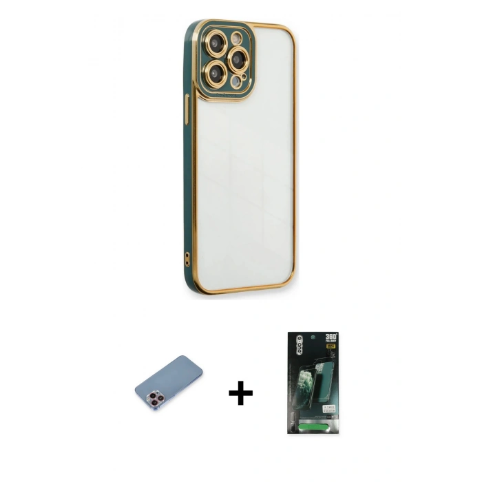MARSİLYAN™- iPhone 13 Pro Kılıf Çekirdek Klasik Serisi - Şeffaf 360 Full Body Arka Koruyucu + Shine Kamera Lens Koruma Cam - PE