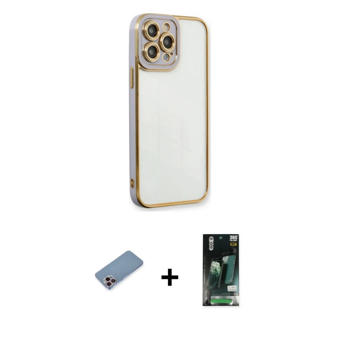 MARSİLYAN™- iPhone 13 Pro Kılıf Çekirdek Klasik Serisi - Şeffaf 360 Full Body Arka Koruyucu + Shine Kamera Lens Koruma Cam - PE