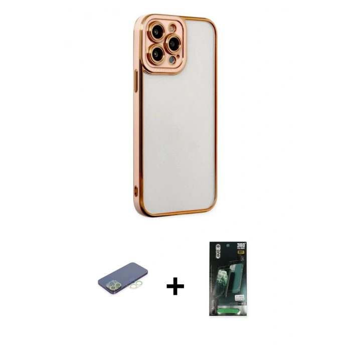 MARSİLYAN™- iPhone 13 Pro Kılıf Çekirdek Klasik Serisi - Şeffaf 360 Full Body Arka Koruyucu + Renkli Kamera Lens Koruma Cam - YL