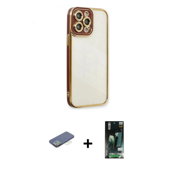 MARSİLYAN™- iPhone 13 Pro Kılıf Çekirdek Klasik Serisi - Şeffaf 360 Full Body Arka Koruyucu + Renkli Kamera Lens Koruma Cam - YL