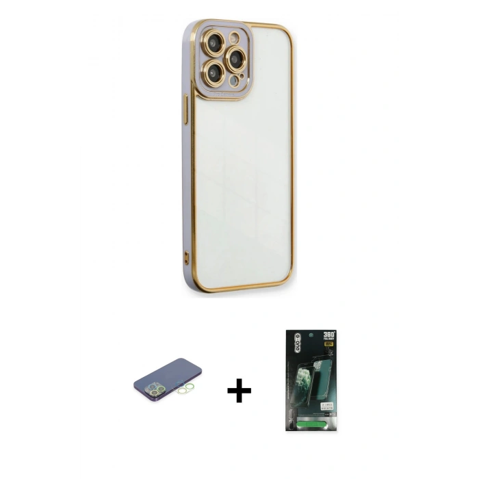 MARSİLYAN™- iPhone 13 Pro Kılıf Çekirdek Klasik Serisi - Şeffaf 360 Full Body Arka Koruyucu + Renkli Kamera Lens Koruma Cam - YL