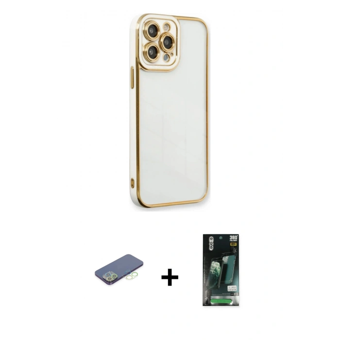 MARSİLYAN™- iPhone 13 Pro Kılıf Çekirdek Klasik Serisi - Şeffaf 360 Full Body Arka Koruyucu + Renkli Kamera Lens Koruma Cam - YL