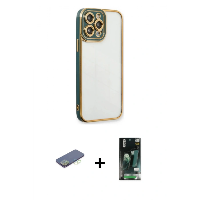 MARSİLYAN™- iPhone 13 Pro Kılıf Çekirdek Klasik Serisi - Şeffaf 360 Full Body Arka Koruyucu + Renkli Kamera Lens Koruma Cam - YL