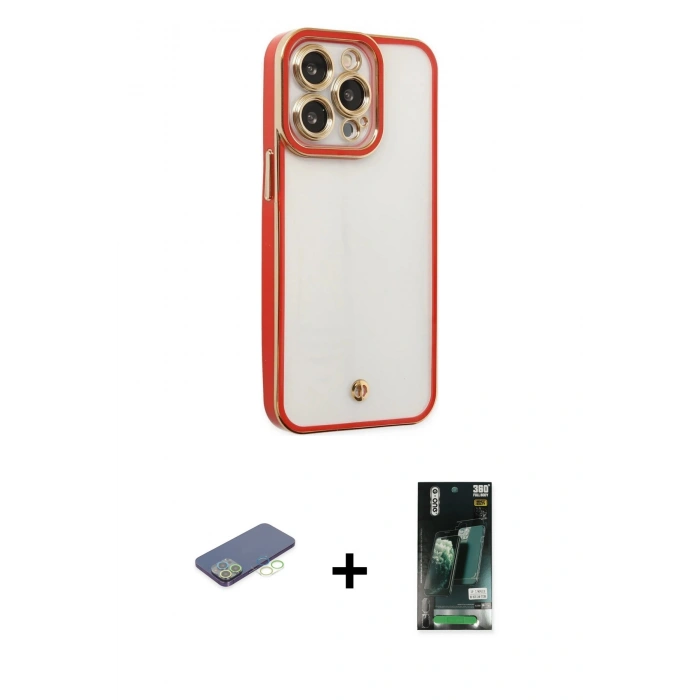 MARSİLYAN™- iPhone 13 Pro Kılıf Çekirdek Klasik Serisi - Şeffaf 360 Full Body Arka Koruyucu + Renkli Kamera Lens Koruma Cam - YL