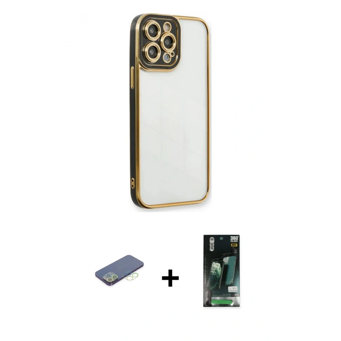 MARSİLYAN™- iPhone 13 Pro Kılıf Çekirdek Klasik Serisi - Şeffaf 360 Full Body Arka Koruyucu + Renkli Kamera Lens Koruma Cam - YL