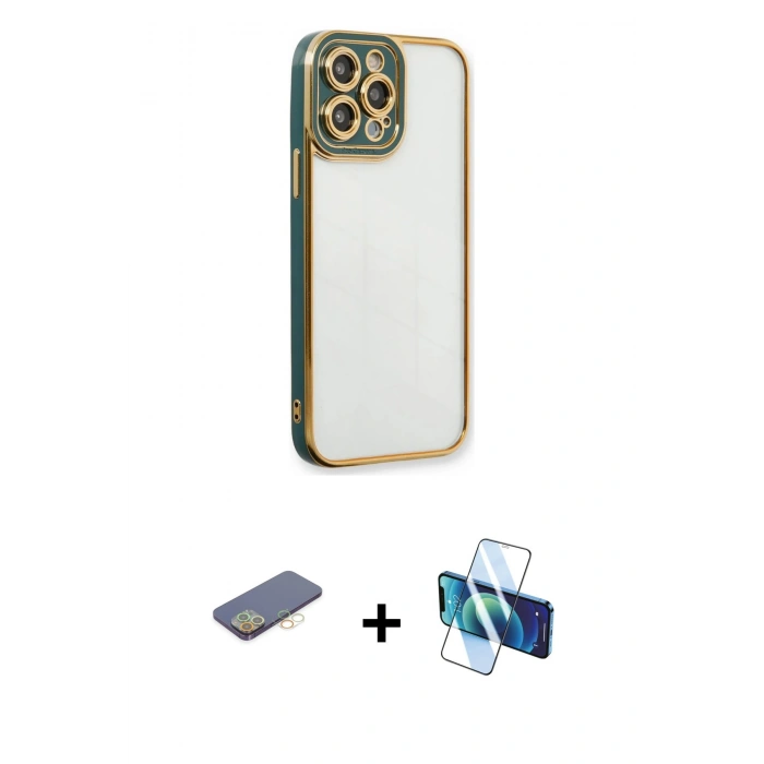 MARSİLYAN™- iPhone 13 Pro Kılıf Çekirdek Klasik Serisi - Siyah 3D Antistatik Seramik Nano Ekran Koruyucu + Renkli Kamera Lens Koruma Cam - SI