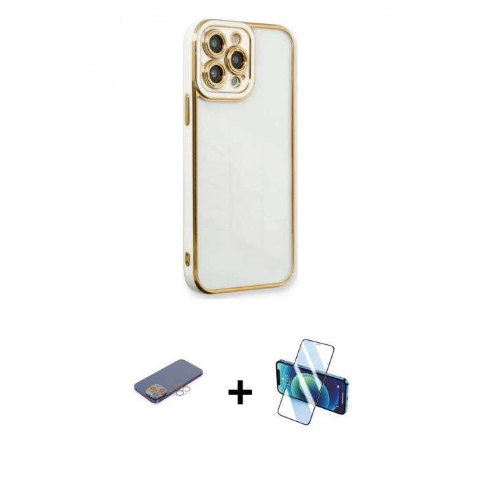 MARSİLYAN™- iPhone 13 Pro Kılıf Çekirdek Klasik Serisi - Siyah 3D Antistatik Seramik Nano Ekran Koruyucu + Pembe Renkli Kamera Lens Koruma Cam