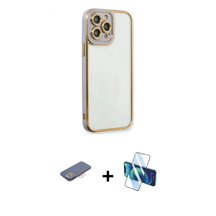MARSİLYAN™- iPhone 13 Pro Kılıf Çekirdek Klasik Serisi - Siyah 3D Antistatik Seramik Nano Ekran Koruyucu + Pembe Renkli Kamera Lens Koruma Cam