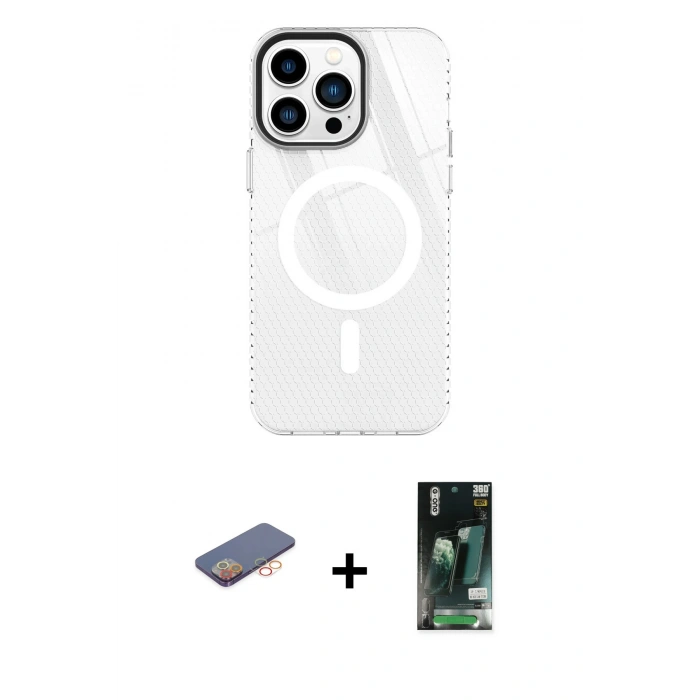 MARSİLYAN™- iPhone 13 Pro Kılıf Doruk Prime - Şeffaf 360 Full Body Arka Koruyucu + Renkli Kamera Lens Koruma Cam - TU