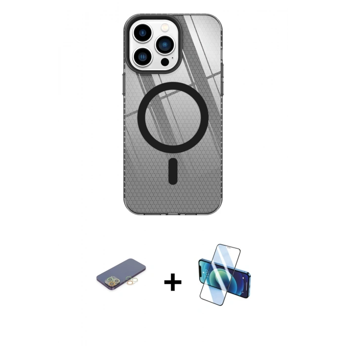 MARSİLYAN™- iPhone 13 Pro Kılıf Doruk Prime - Siyah 3D Antistatik Seramik Nano Ekran Koruyucu + Renkli Kamera Lens Koruma Cam - SI