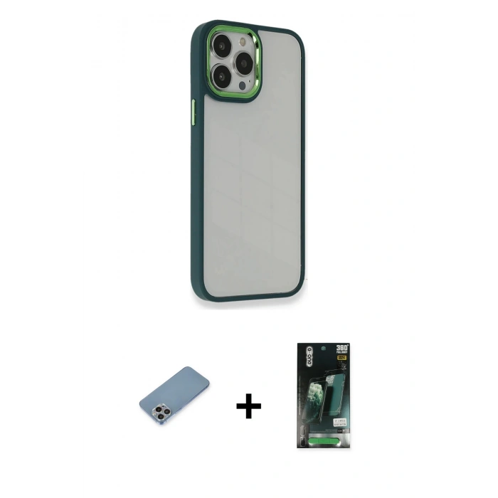 MARSİLYAN™- iPhone 13 Pro Kılıf Eksen Doku Prime - Şeffaf 360 Full Body Arka Koruyucu + Shine Kamera Lens Koruma Cam - GI