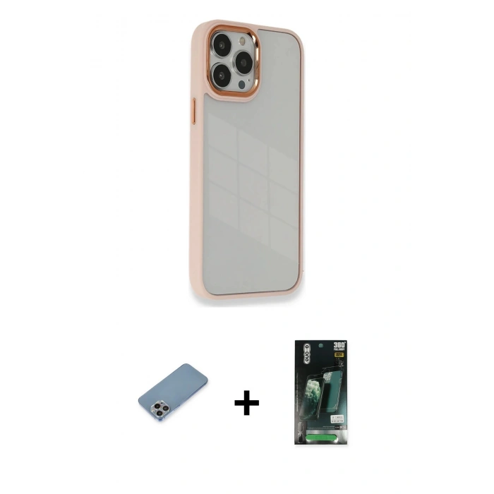 MARSİLYAN™- iPhone 13 Pro Kılıf Eksen Doku Prime - Şeffaf 360 Full Body Arka Koruyucu + Shine Kamera Lens Koruma Cam - GI