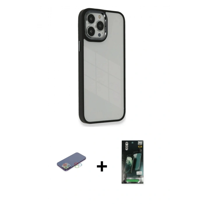 MARSİLYAN™- iPhone 13 Pro Kılıf Eksen Doku Prime - Şeffaf 360 Full Body Arka Koruyucu + Renkli Kamera Lens Koruma Cam - MI