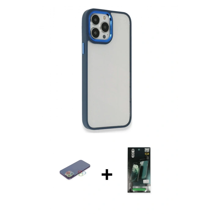 MARSİLYAN™- iPhone 13 Pro Kılıf Eksen Doku Prime - Şeffaf 360 Full Body Arka Koruyucu + Renkli Kamera Lens Koruma Cam - MI