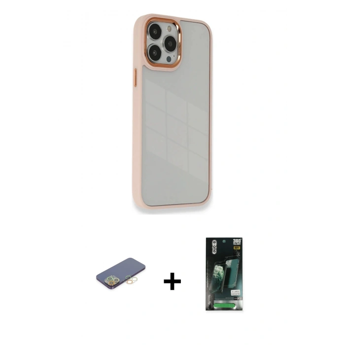 MARSİLYAN™- iPhone 13 Pro Kılıf Eksen Doku Prime - Şeffaf 360 Full Body Arka Koruyucu + Renkli Kamera Lens Koruma Cam - SI