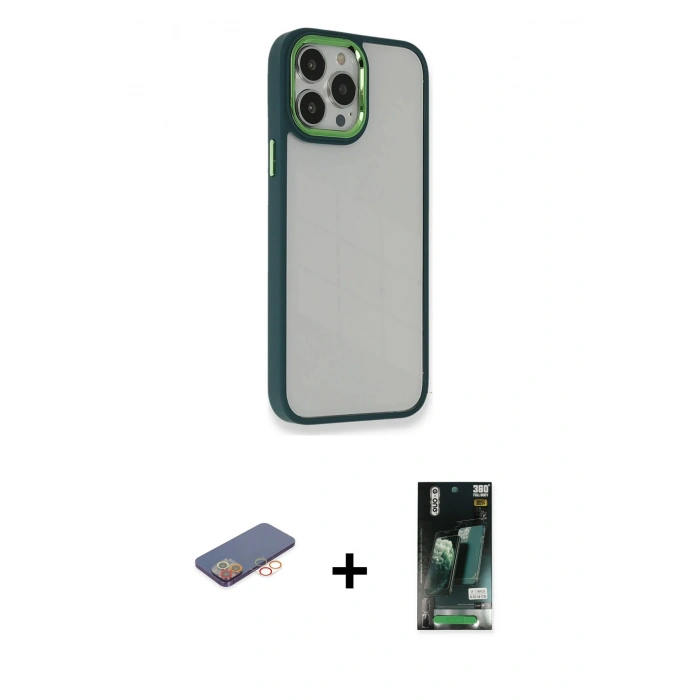 MARSİLYAN™- iPhone 13 Pro Kılıf Eksen Doku Prime - Şeffaf 360 Full Body Arka Koruyucu + Renkli Kamera Lens Koruma Cam - TU
