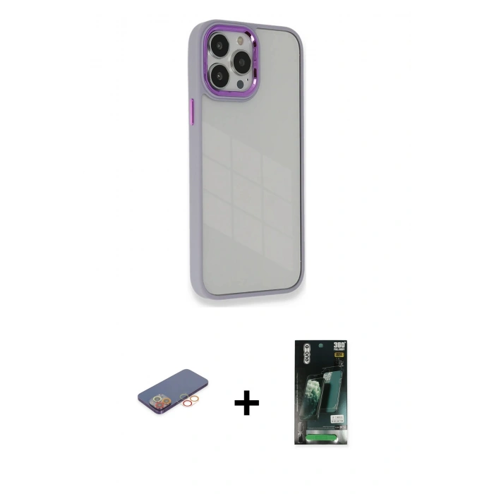 MARSİLYAN™- iPhone 13 Pro Kılıf Eksen Doku Prime - Şeffaf 360 Full Body Arka Koruyucu + Renkli Kamera Lens Koruma Cam - TU