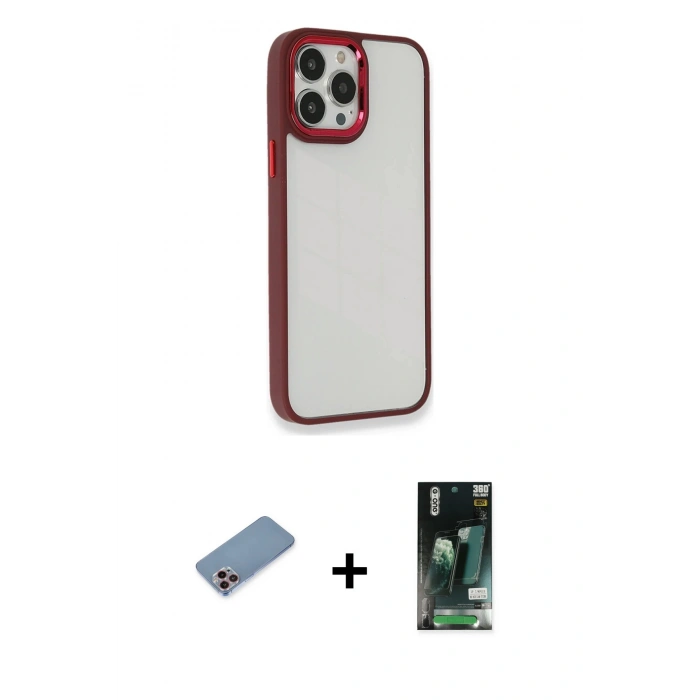 MARSİLYAN™- iPhone 13 Pro Kılıf Eksen Doku Prime - Şeffaf 360 Full Body Arka Koruyucu + Shine Kamera Lens Koruma Cam - PE