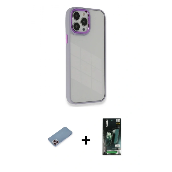 MARSİLYAN™- iPhone 13 Pro Kılıf Eksen Doku Prime - Şeffaf 360 Full Body Arka Koruyucu + Shine Kamera Lens Koruma Cam - PE