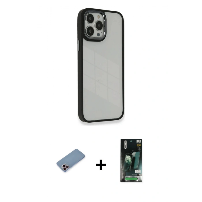 MARSİLYAN™- iPhone 13 Pro Kılıf Eksen Doku Prime - Şeffaf 360 Full Body Arka Koruyucu + Shine Kamera Lens Koruma Cam - PE
