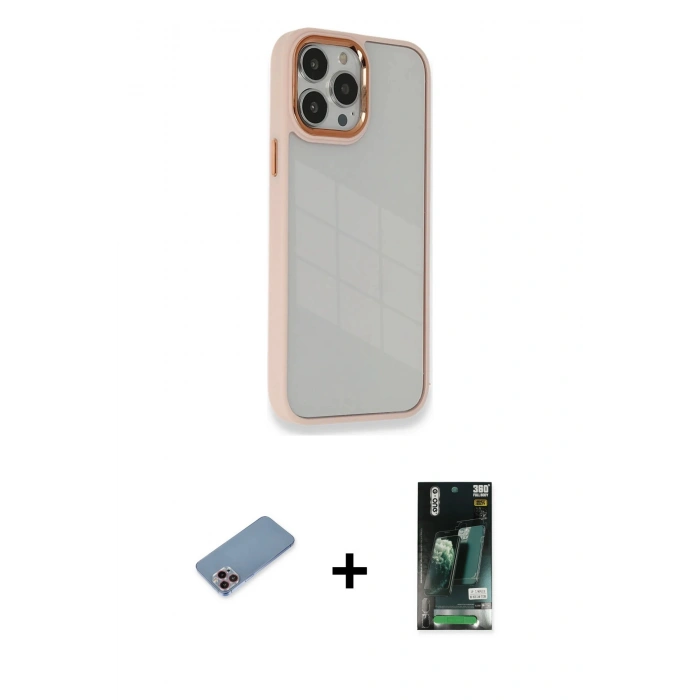 MARSİLYAN™- iPhone 13 Pro Kılıf Eksen Doku Prime - Şeffaf 360 Full Body Arka Koruyucu + Shine Kamera Lens Koruma Cam - PE