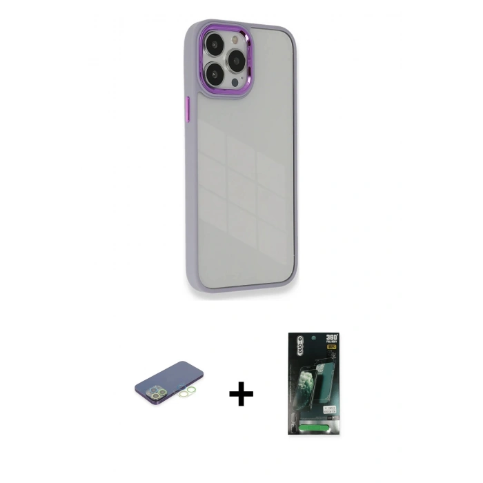 MARSİLYAN™- iPhone 13 Pro Kılıf Eksen Doku Prime - Şeffaf 360 Full Body Arka Koruyucu + Renkli Kamera Lens Koruma Cam - YL