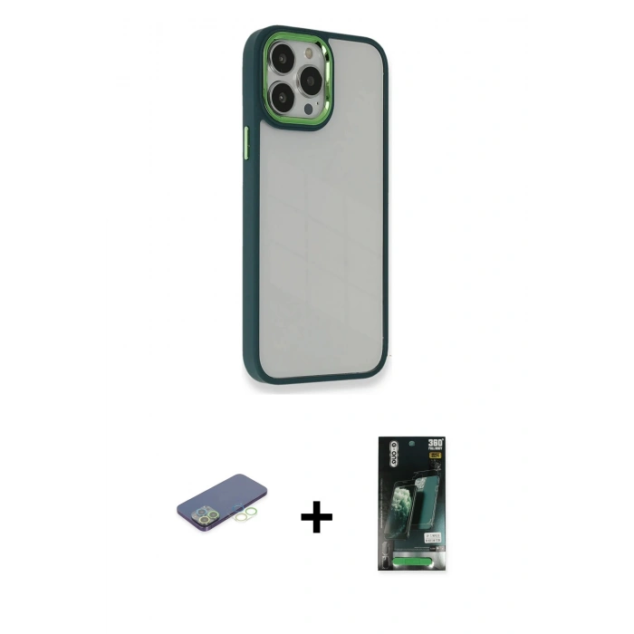 MARSİLYAN™- iPhone 13 Pro Kılıf Eksen Doku Prime - Şeffaf 360 Full Body Arka Koruyucu + Renkli Kamera Lens Koruma Cam - YL
