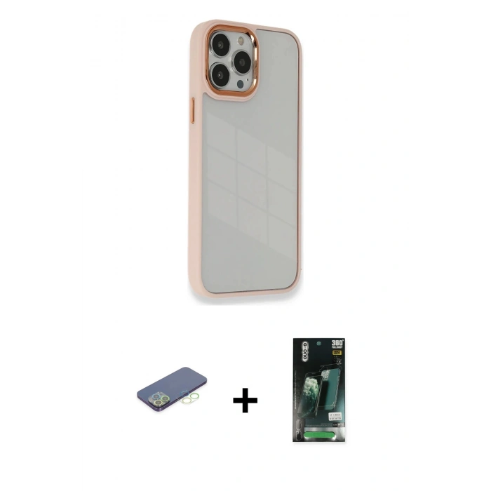 MARSİLYAN™- iPhone 13 Pro Kılıf Eksen Doku Prime - Şeffaf 360 Full Body Arka Koruyucu + Renkli Kamera Lens Koruma Cam - YL