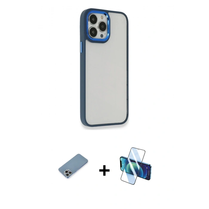 MARSİLYAN™- iPhone 13 Pro Kılıf Eksen Doku Prime - Siyah 3D Antistatik Seramik Nano Ekran Koruyucu + Shine Kamera Lens Koruma Cam - GI