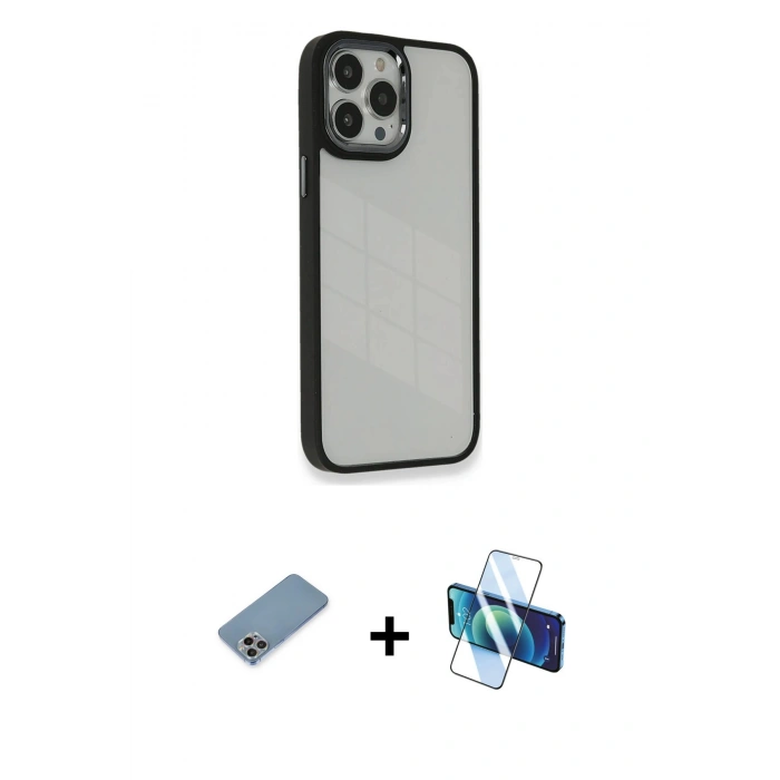 MARSİLYAN™- iPhone 13 Pro Kılıf Eksen Doku Prime - Siyah 3D Antistatik Seramik Nano Ekran Koruyucu + Shine Kamera Lens Koruma Cam - GI