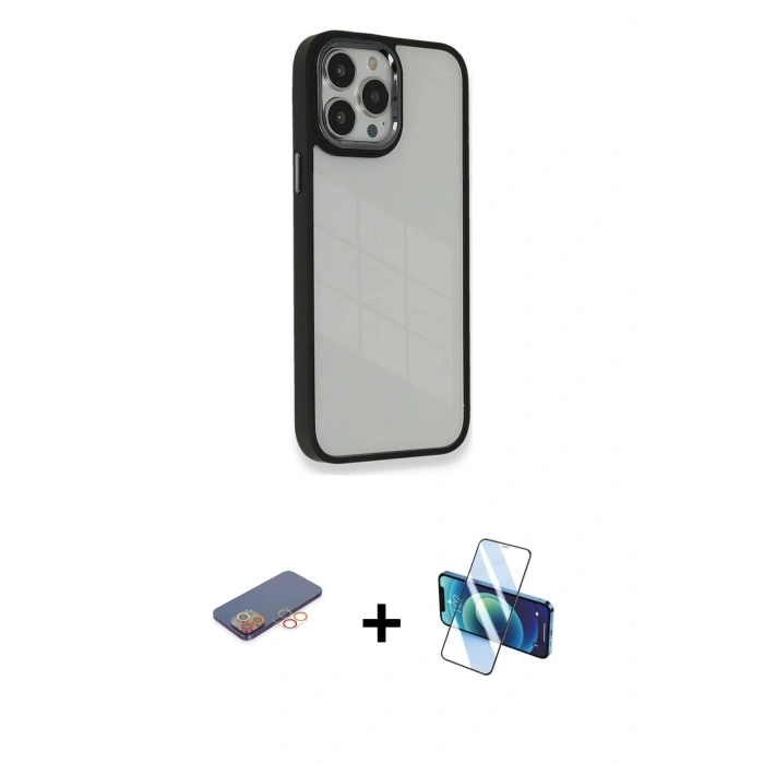 MARSİLYAN™- iPhone 13 Pro Kılıf Eksen Doku Prime - Siyah 3D Antistatik Seramik Nano Ekran Koruyucu + Renkli Kamera Lens Koruma Cam - TU