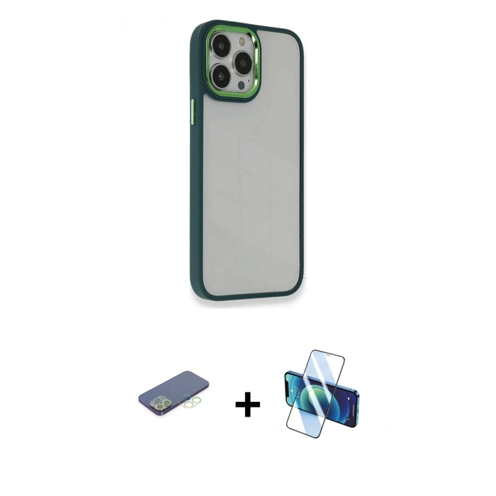 MARSİLYAN™- iPhone 13 Pro Kılıf Eksen Doku Prime - Siyah 3D Antistatik Seramik Nano Ekran Koruyucu + Yeşil Renkli Kamera Lens Koruma Cam