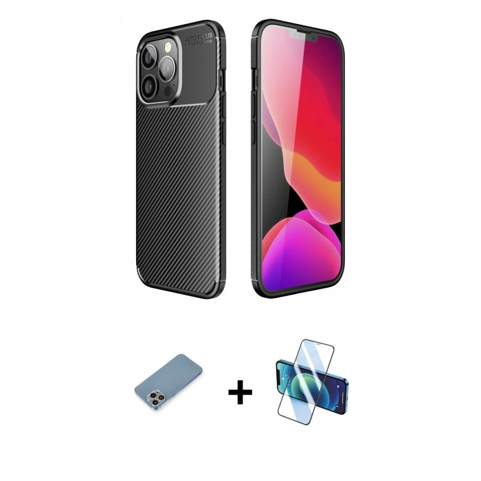 MARSİLYAN™- iPhone 13 Pro Kılıf Eksen Form Prime - Siyah 3D Antistatik Seramik Nano Ekran Koruyucu + Shine Kamera Lens Koruma Cam - GI