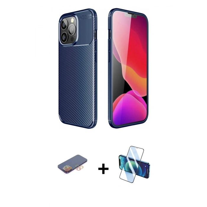MARSİLYAN™- iPhone 13 Pro Kılıf Eksen Form Prime - Siyah 3D Antistatik Seramik Nano Ekran Koruyucu + Renkli Kamera Lens Koruma Cam - TU