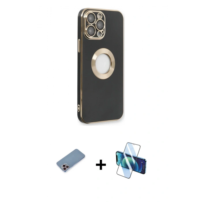 MARSİLYAN™- iPhone 13 Pro Kılıf İz Form Serisi - Siyah 3D Antistatik Seramik Nano Ekran Koruyucu + Shine Kamera Lens Koruma Cam - PE