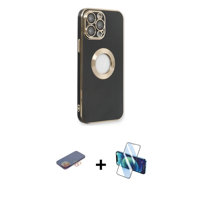 MARSİLYAN™- iPhone 13 Pro Kılıf İz Form Serisi - Siyah 3D Antistatik Seramik Nano Ekran Koruyucu + Renkli Kamera Lens Koruma Cam - TU