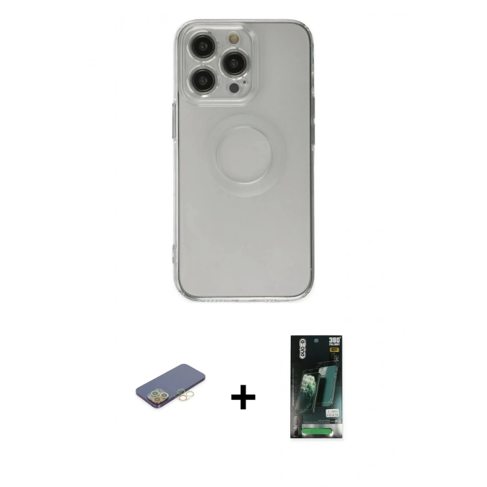 MARSİLYAN™- iPhone 13 Pro Kılıf Kutup Klasik - Şeffaf 360 Full Body Arka Koruyucu + Renkli Kamera Lens Koruma Cam - SI
