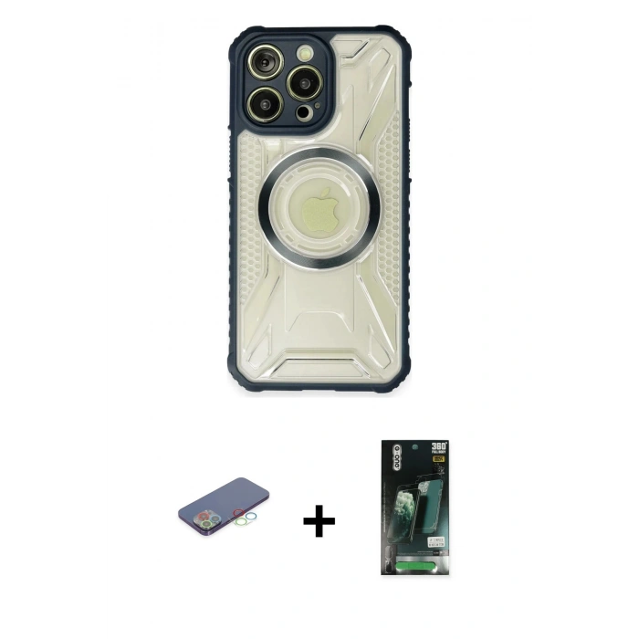 MARSİLYAN™- iPhone 13 Pro Kılıf Kutup Modern - Şeffaf 360 Full Body Arka Koruyucu + Mavi Renkli Kamera Lens Koruma Cam