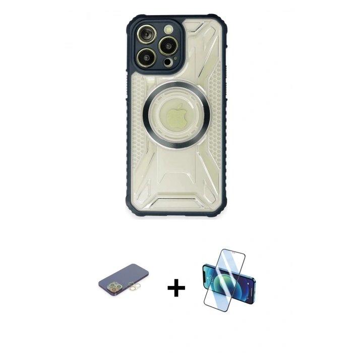MARSİLYAN™- iPhone 13 Pro Kılıf Kutup Modern - Siyah 3D Antistatik Seramik Nano Ekran Koruyucu + Renkli Kamera Lens Koruma Cam - SI