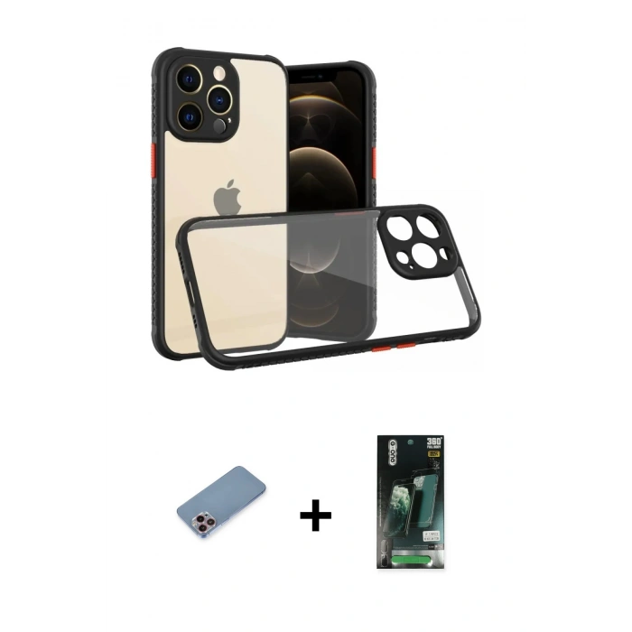 MARSİLYAN™- iPhone 13 Pro Kılıf Nova Asil Özel Seri - Şeffaf 360 Full Body Arka Koruyucu + Shine Kamera Lens Koruma Cam - PE