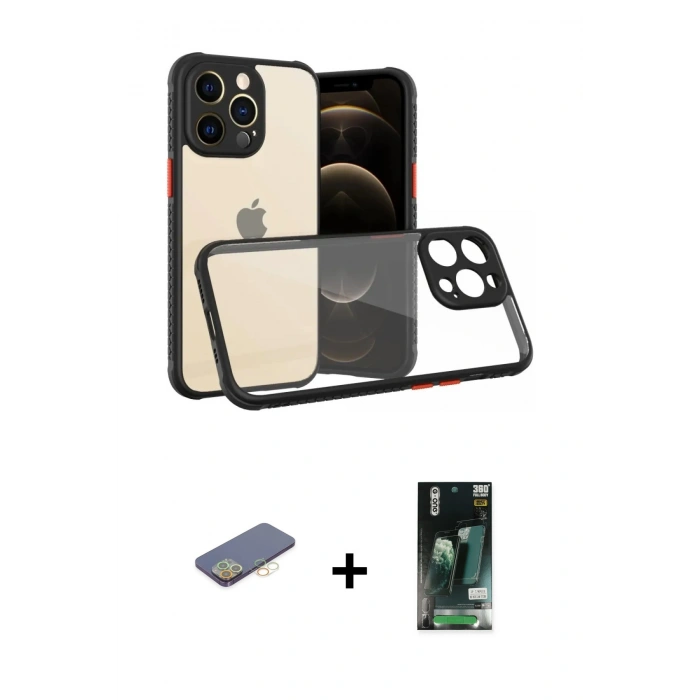 MARSİLYAN™- iPhone 13 Pro Kılıf Nova Asil Özel Seri - Şeffaf 360 Full Body Arka Koruyucu + Renkli Kamera Lens Koruma Cam - SI