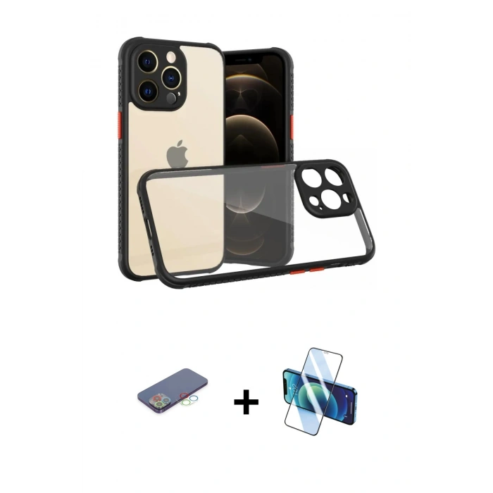 MARSİLYAN™- iPhone 13 Pro Kılıf Nova Asil Özel Seri - Siyah 3D Antistatik Seramik Nano Ekran Koruyucu + Renkli Kamera Lens Koruma Cam - MI
