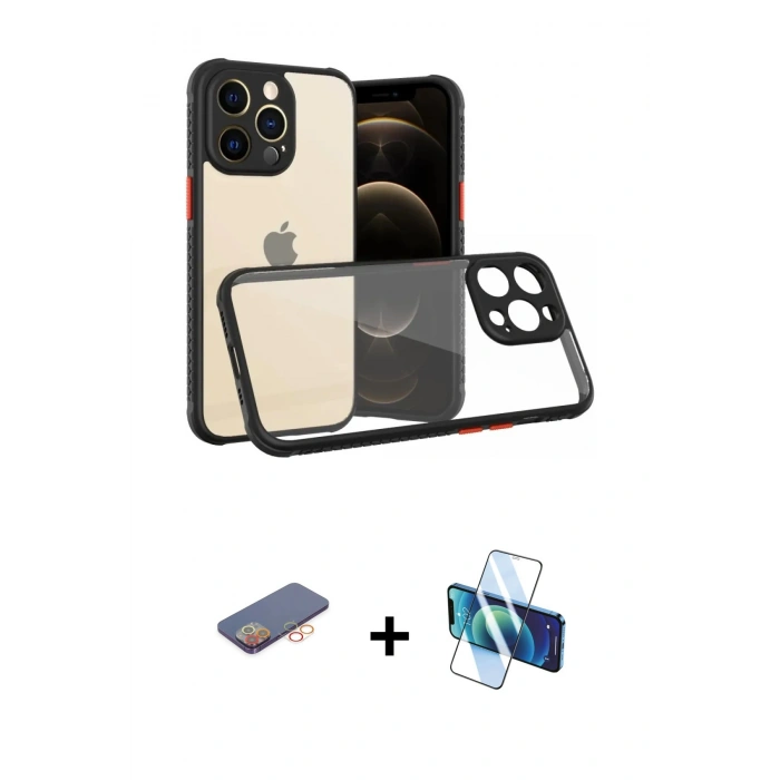 MARSİLYAN™- iPhone 13 Pro Kılıf Nova Asil Özel Seri - Siyah 3D Antistatik Seramik Nano Ekran Koruyucu + Turuncu Renkli Kamera Lens Koruma Cam