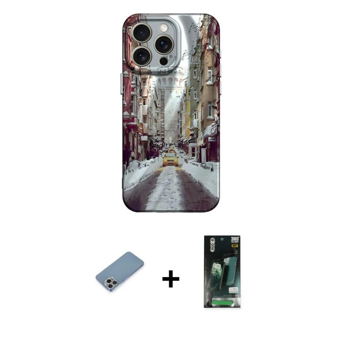 MARSİLYAN™- iPhone 13 Pro Kılıf Nova Doku Prime - Şeffaf 360 Full Body Arka Koruyucu + Gökkuşağı Shine Kamera Lens Koruma Cam