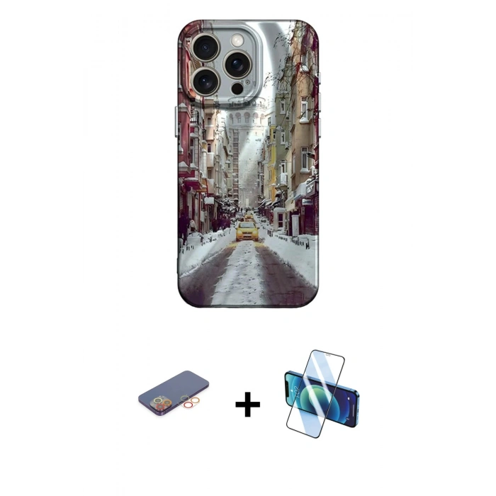 MARSİLYAN™- iPhone 13 Pro Kılıf Nova Doku Prime - Siyah 3D Antistatik Seramik Nano Ekran Koruyucu + Turuncu Renkli Kamera Lens Koruma Cam