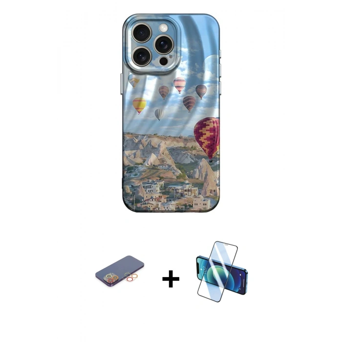 MARSİLYAN™- iPhone 13 Pro Kılıf Nova Doku Prime - Siyah 3D Antistatik Seramik Nano Ekran Koruyucu + Turuncu Renkli Kamera Lens Koruma Cam